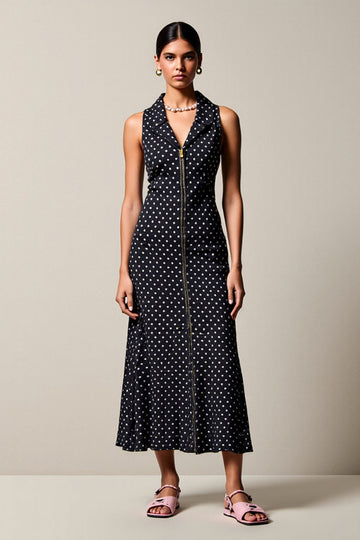 Black V Neck Sheath Maxi Boho Polka Dot Dress